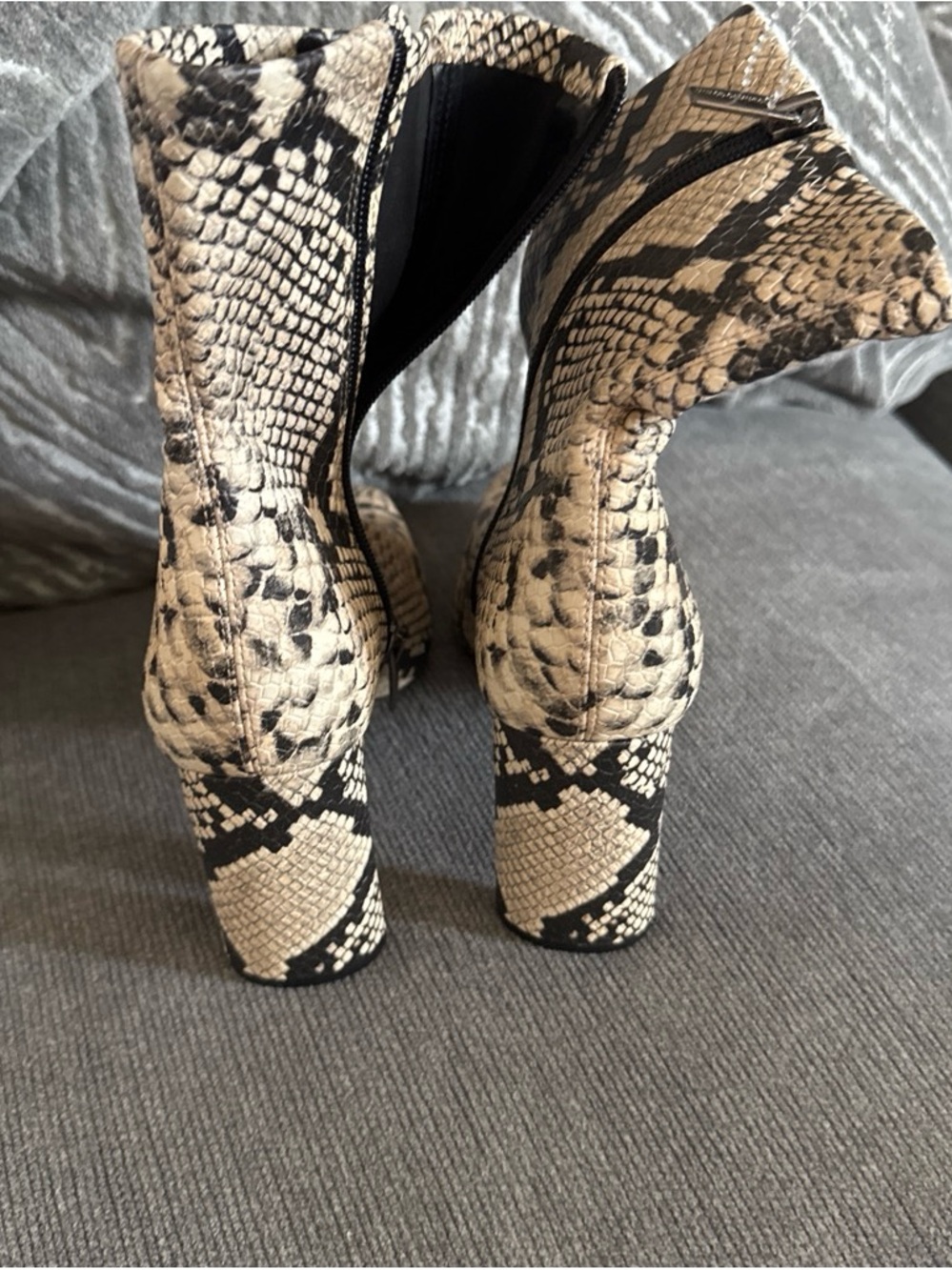 Snake-Print Block Heel Ankle Boots in Black and Cream